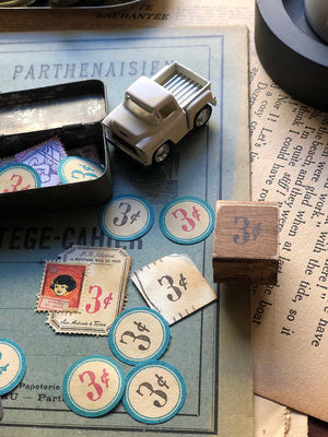 'Vintage 3 Cents' Wood Rubber Stamp by Mic Moc (3セント)at micmoc.com