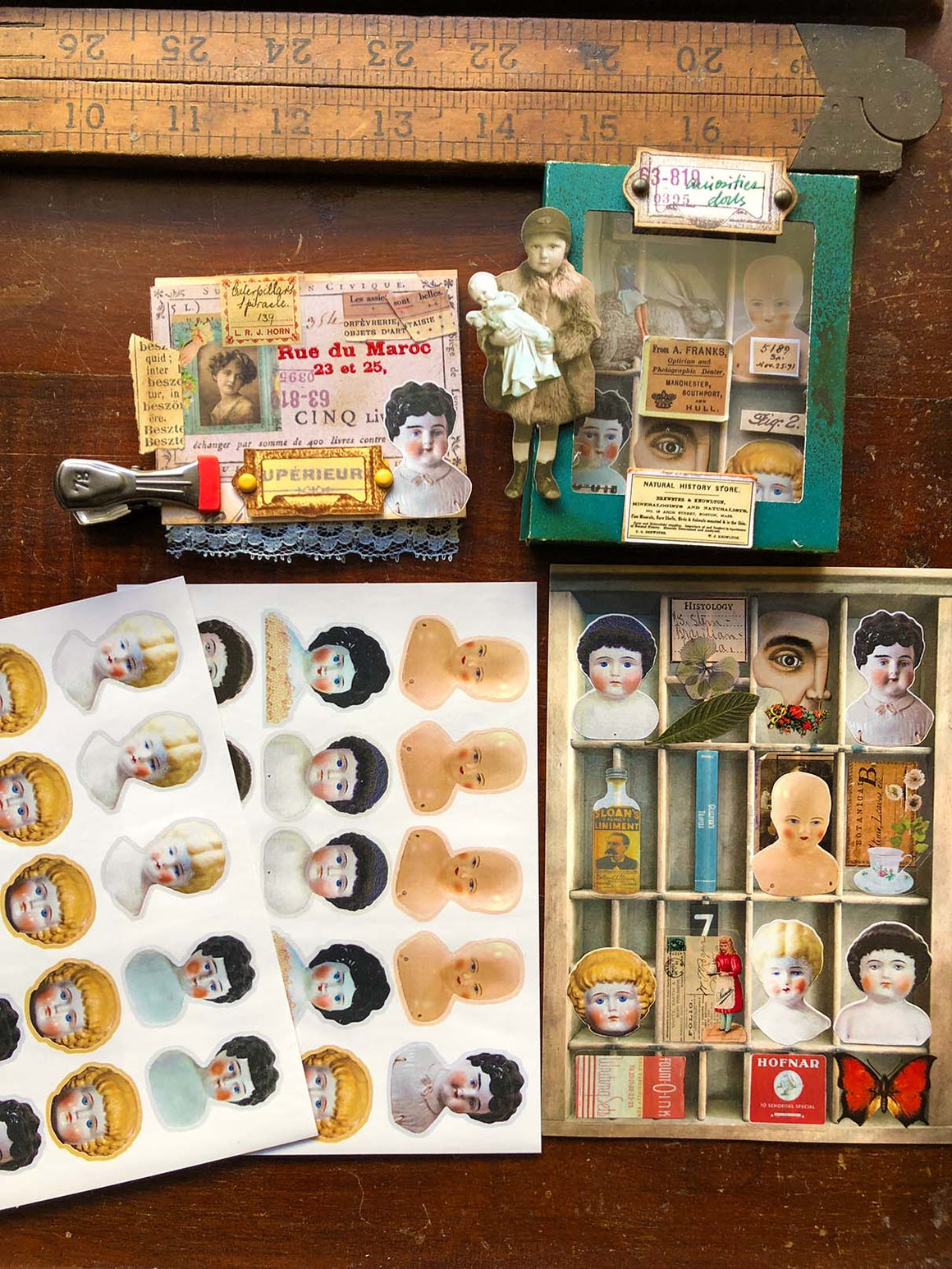 'Antique Bisque Dolls' A6 Retro Stickers by Mic Moc (30 stickers) 古い人形粘着ステッカー紙 from micmoc.com from micmoc.com at Mic Moc Curated Emporium
