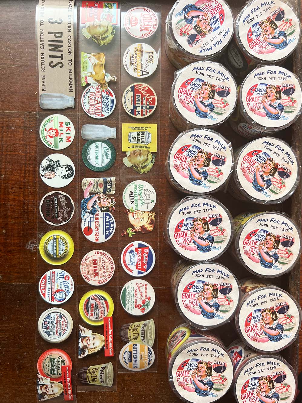 vintage milk caps washi. 'Mad For Milk' from micmoc.com at Mic Moc - PET Tape with vintage milk caps, vintage dairy ads and milk-related paraphernalia. PET tapes from micmoc.com for art journalling and paper crafting.
