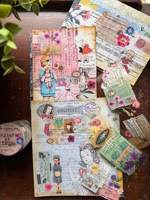 vintage french ephemera and vintage flowers on transparent washi tape from micmoc.com