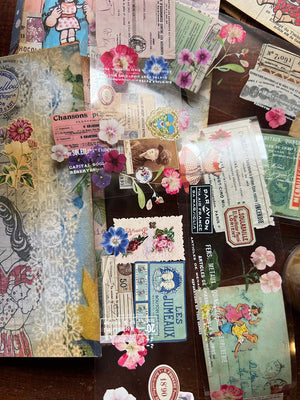 vintage french ephemera and vintage flowers on transparent washi tape from micmoc.com