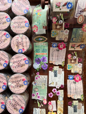 vintage french ephemera and vintage flowers on transparent washi tape from micmoc.com
