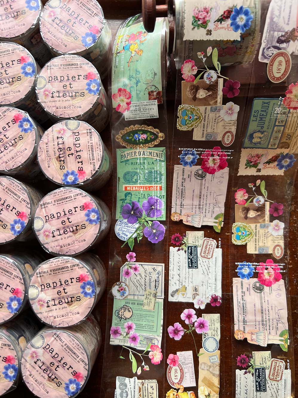 vintage french ephemera and vintage flowers on transparent washi tape from micmoc.com
