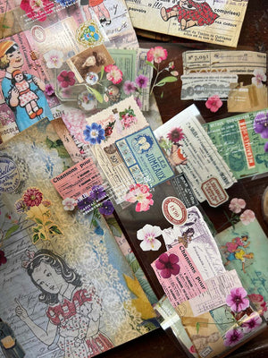 vintage french ephemera and vintage flowers on transparent washi tape from micmoc.com