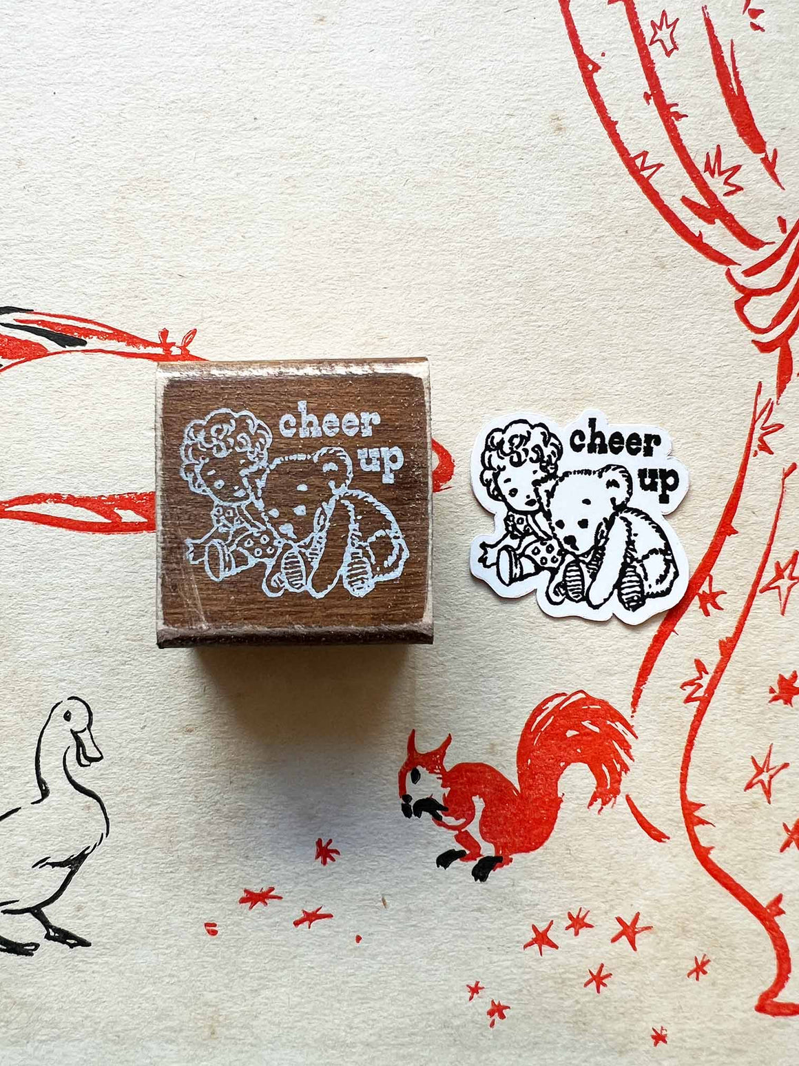 'Cheer Up' Wood Rubber Stamp by Mic Moc (どうか元気を出してください) - wood rubber stamp featuring sad teddy bear and sentiments (cheer up)