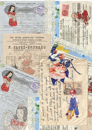 Collage paper featuring vintage-French ephemera with vintage flowers and vintage children from micmoc.com