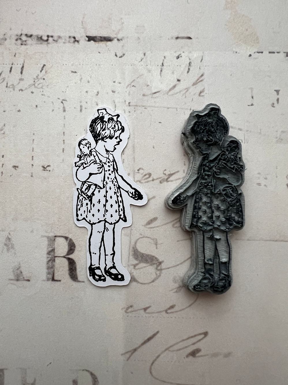 vintage children's illustration rubber stamp featuring girl with doll from micmoc.com