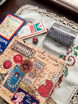 Antique inspired hook and eyes stamp to add a most striking accent to your haberdashery-themed crafts.