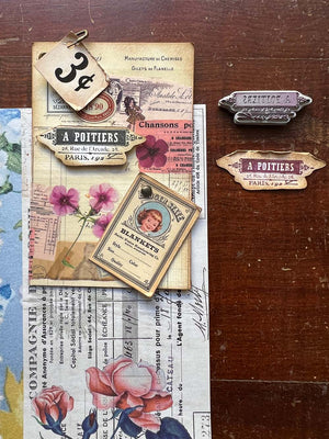 'Poitiers' Rubber Stamp by Mic Moc (ポワティエ、フランス) from micmoc.com French vintage rubber stamp on vintage collage, vintage price tag and vintage floral background 