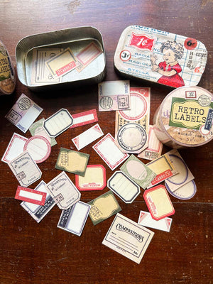 Collection of vintage-style labels made from vintage labels washi tape ; retro labels washi tape from micmoc.com 