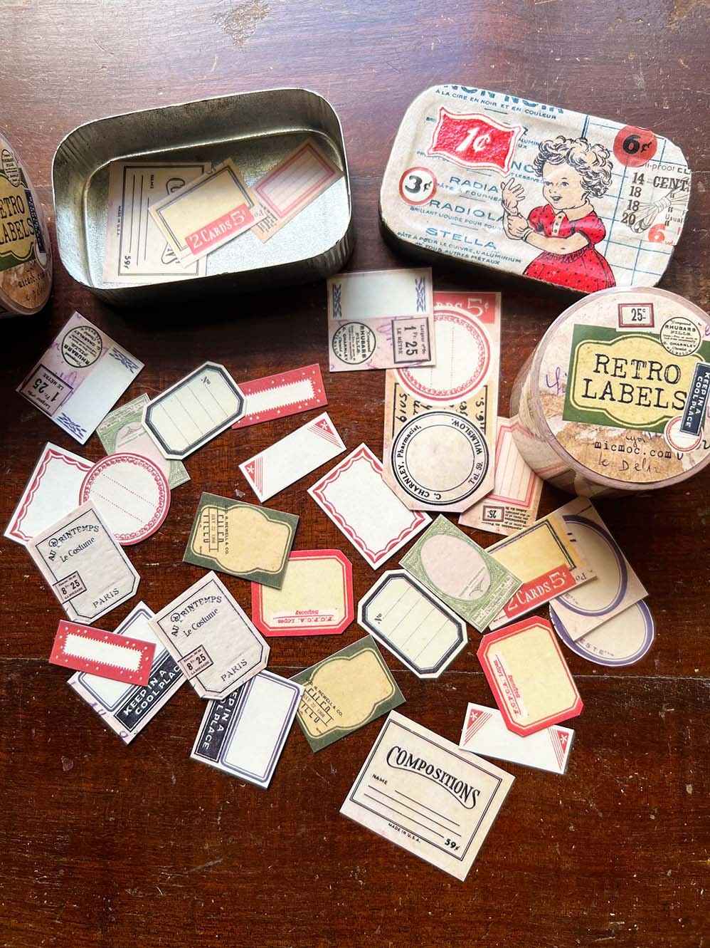 Collection of vintage-style labels made from vintage labels washi tape ; retro labels washi tape from micmoc.com 