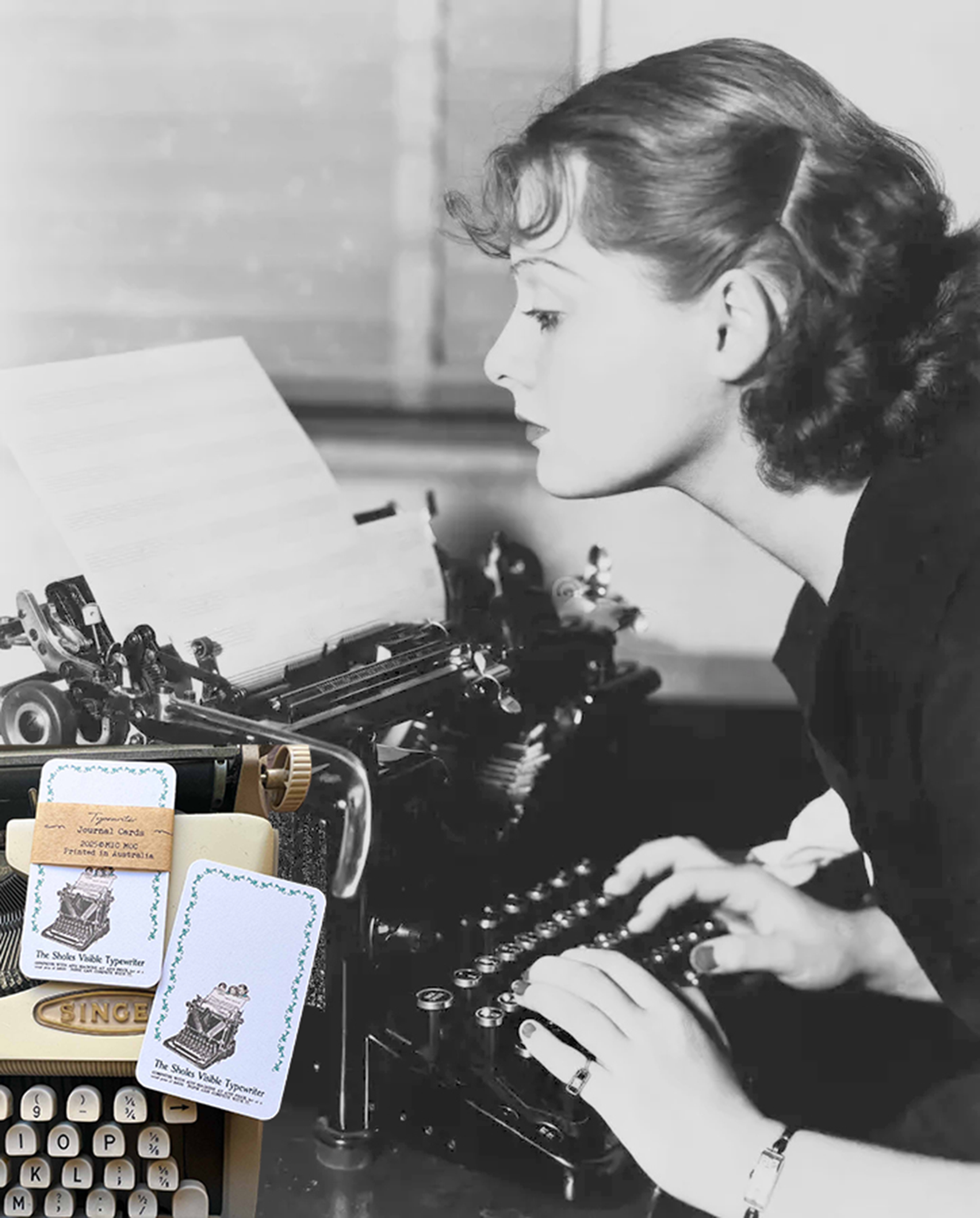 Woman typing on a vintage typewriter with a focus on the machine. Typewriter journal card from micmoc.com