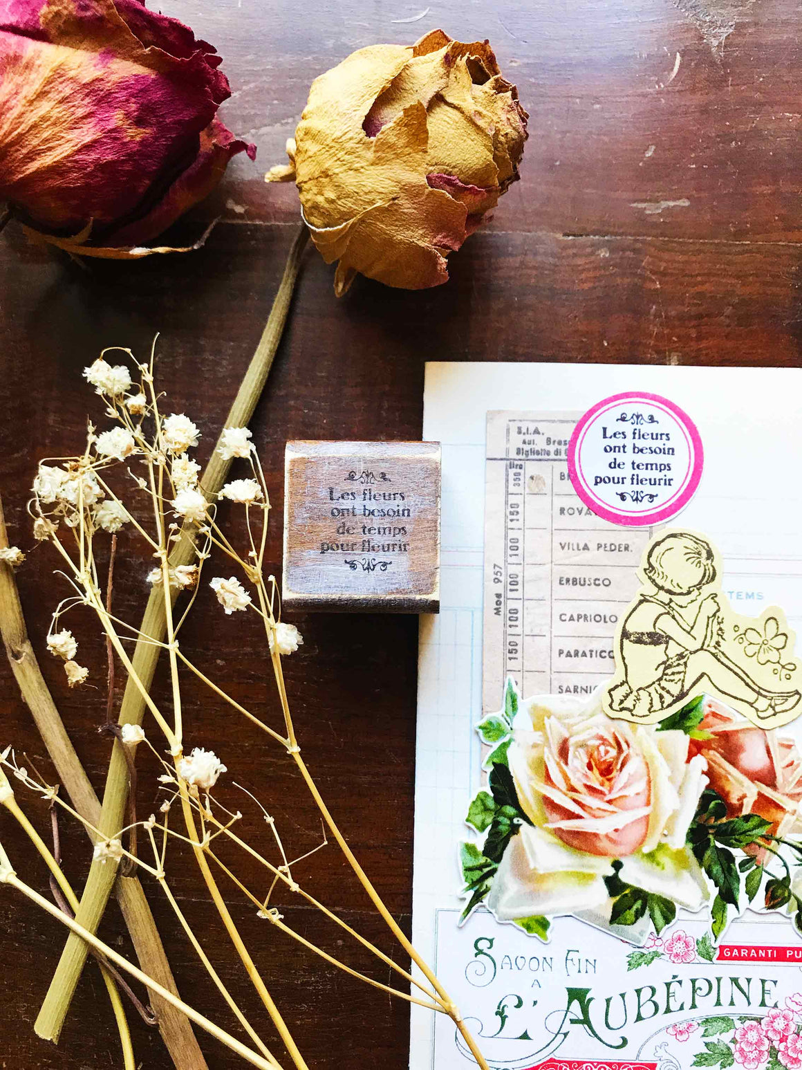 'Flowers Need Time To Bloom’ (quote series) Wood Rubber Stamp by Mic Moc at micmoc.com