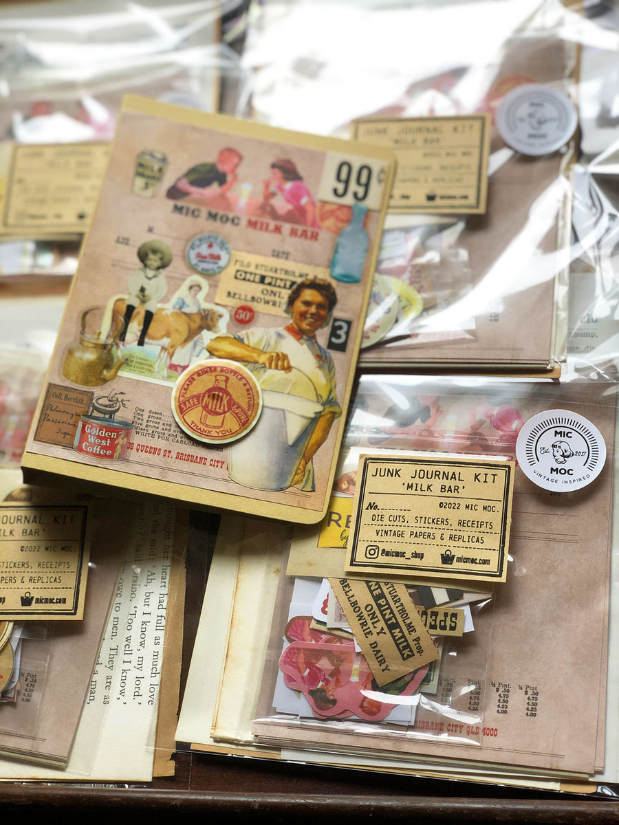 Junk Journal Paper Kit vintage 'Milk Bar' - by micmoc.com at Mic Moc Curated Emporium