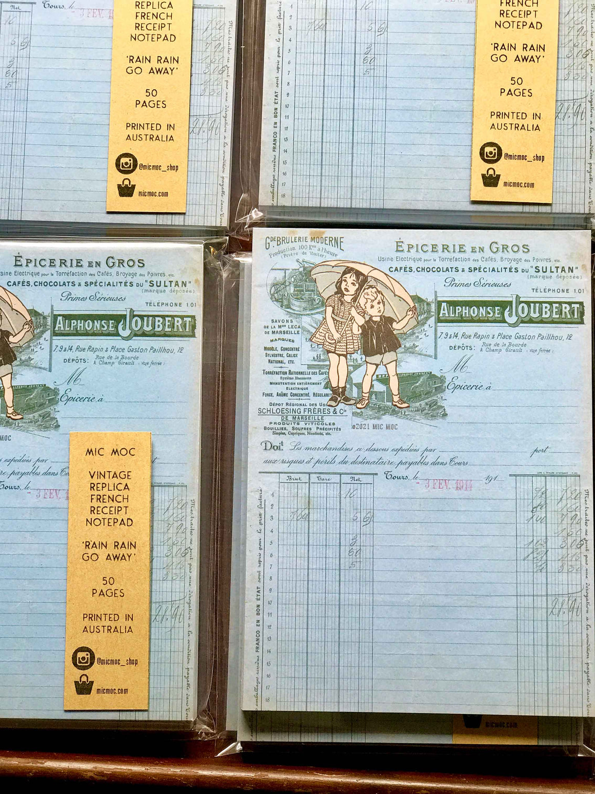 Vintage French Receipt Replica Note Pad 'Rain Rain Go Away' - by Mic Moc (アンティーク風フレンチレシートメモ帳)