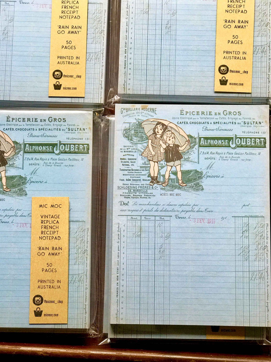 Vintage French Receipt Replica Note Pad 'Rain Rain Go Away' - by Mic Moc (アンティーク風フレンチレシートメモ帳)