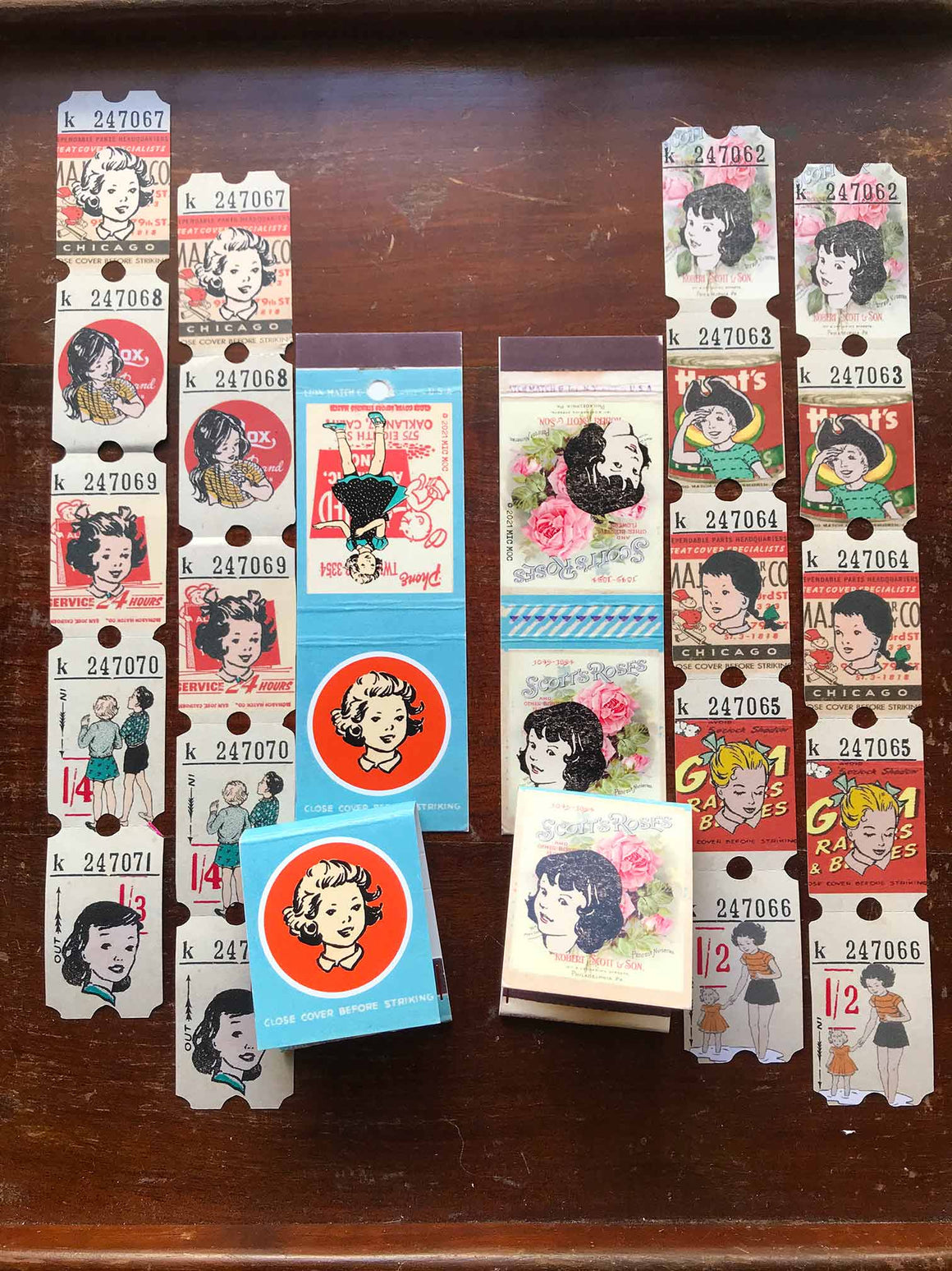 Altered Vintage Matchbook Set B: ‘Red Spot & Roses’  from micmoc.com at Mic Moc ブックマッチ共ヴィンテージチケット