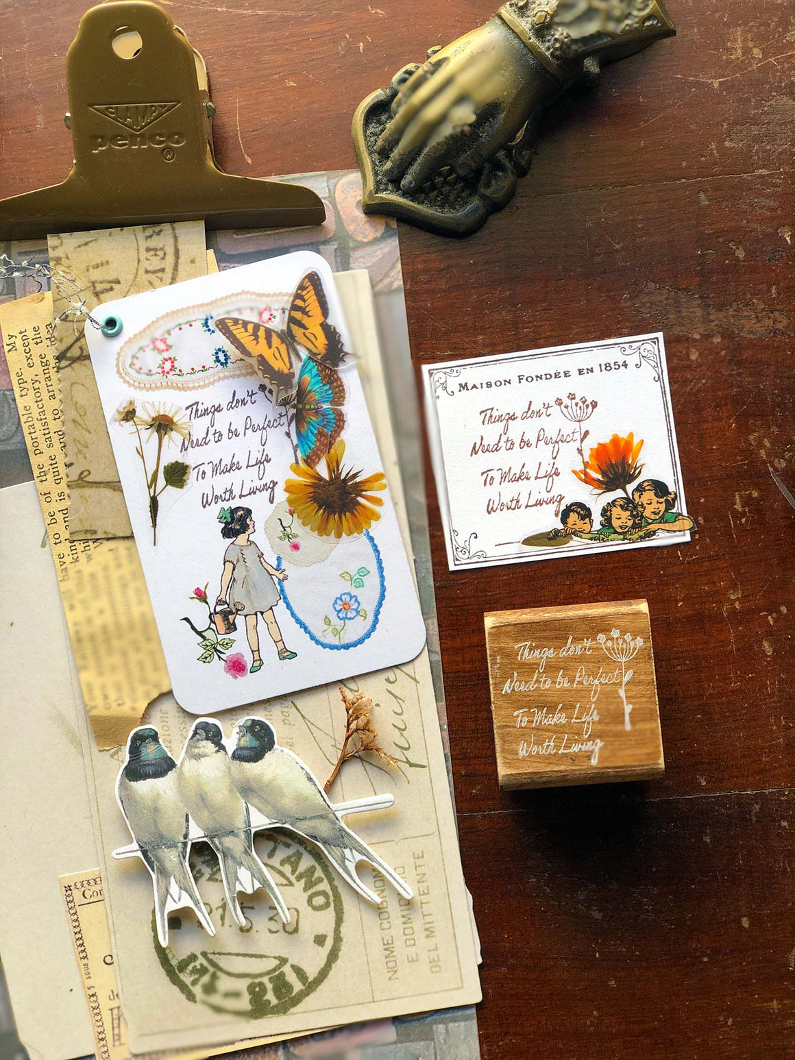 'Things Don't Need To Be Perfect' Wood Rubber Stamp by Mic Moc (Quote Series)