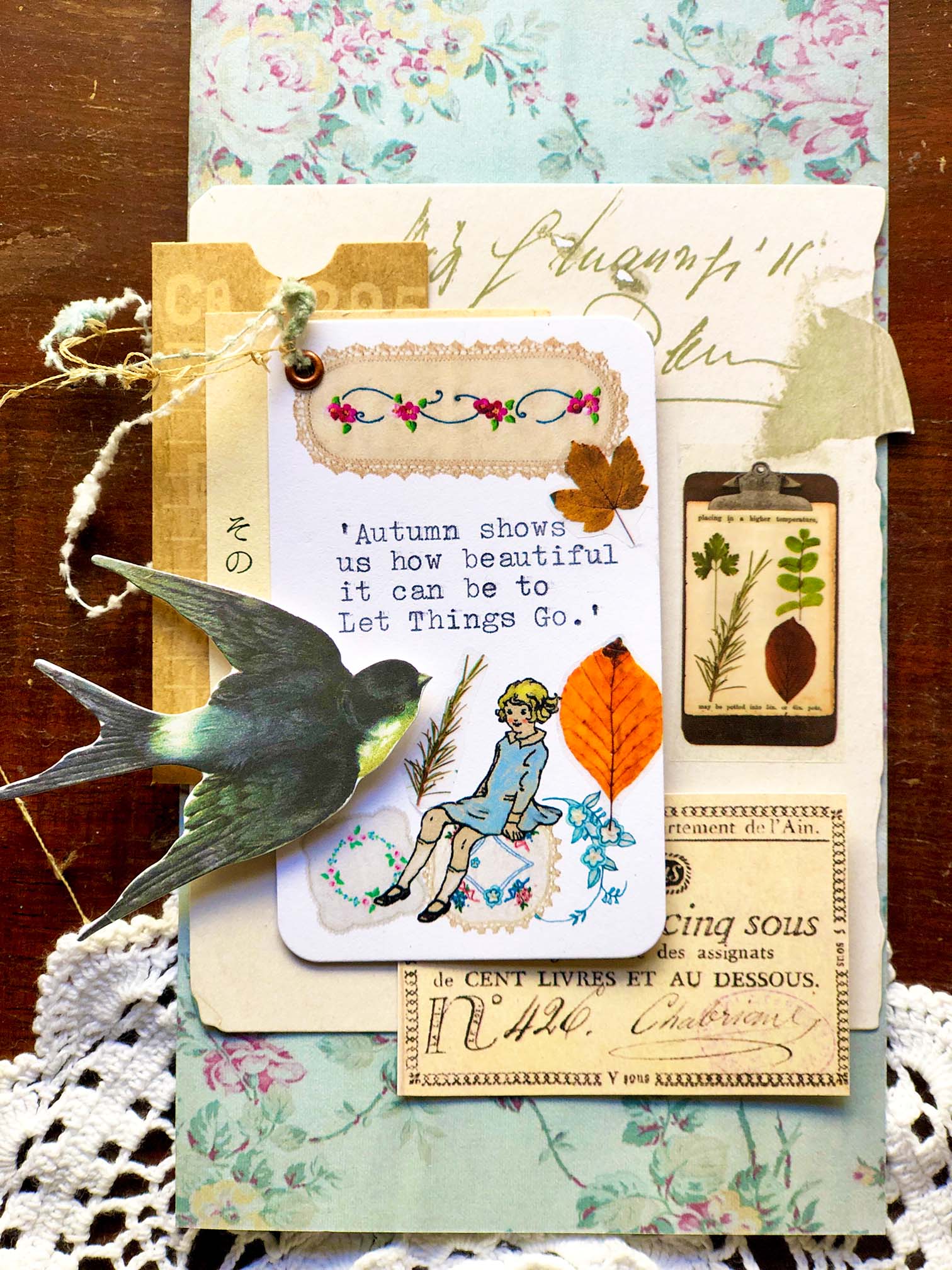 Vintage Journal Card Set  - JC010 'Vintage Dolilies' (ビンテージ刺繍の布カードメモ)