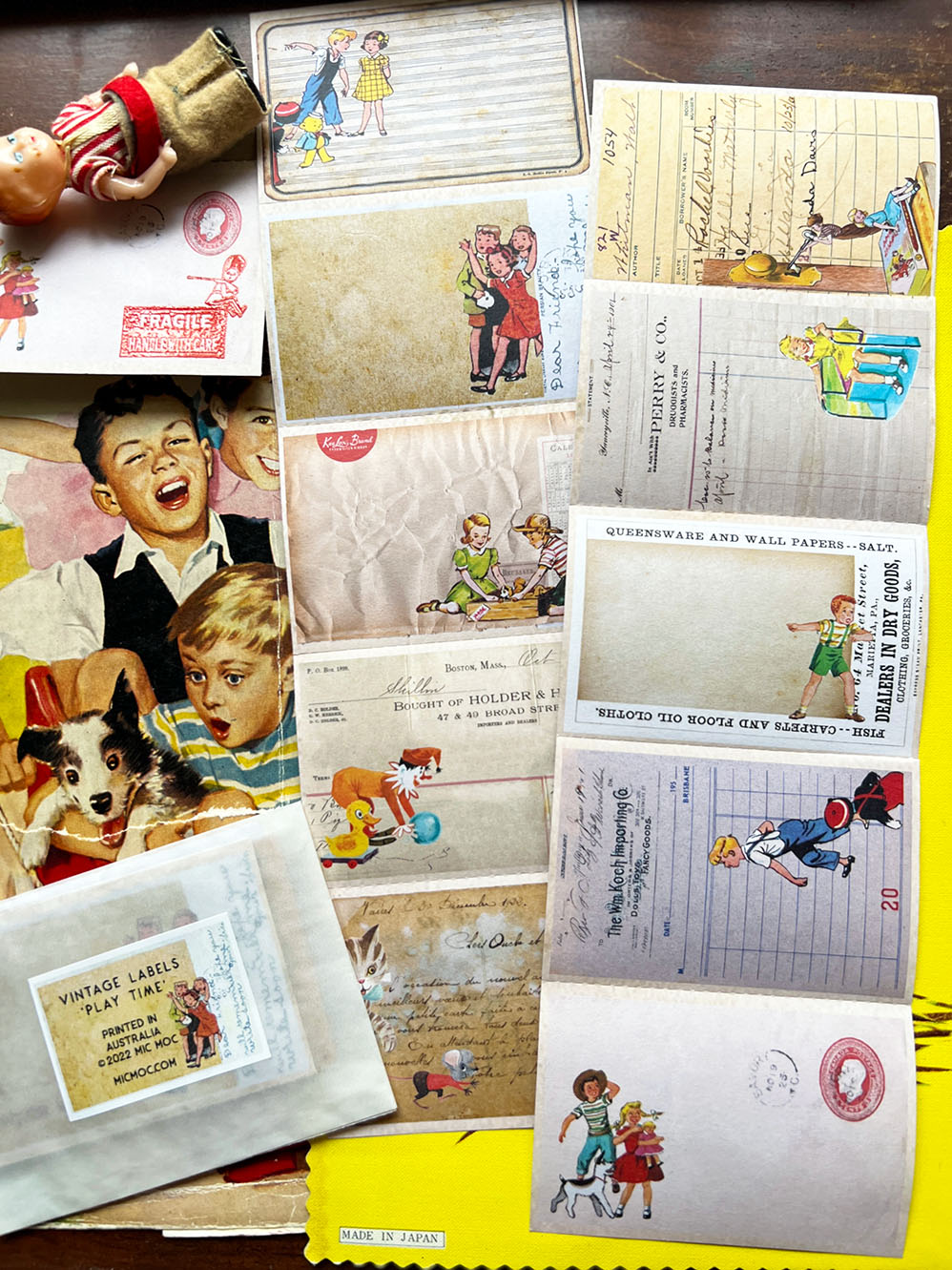 Vintage Perforated Labels 'Play Time' (子供イラスト ビンテージ ラベル) - 20 Pk from micmoc.com 