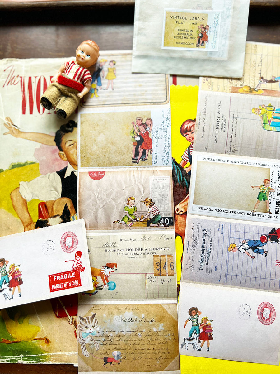 Vintage Perforated Labels 'Play Time' (子供イラスト ビンテージ ラベル) - 20 Pk from micmoc.com 
