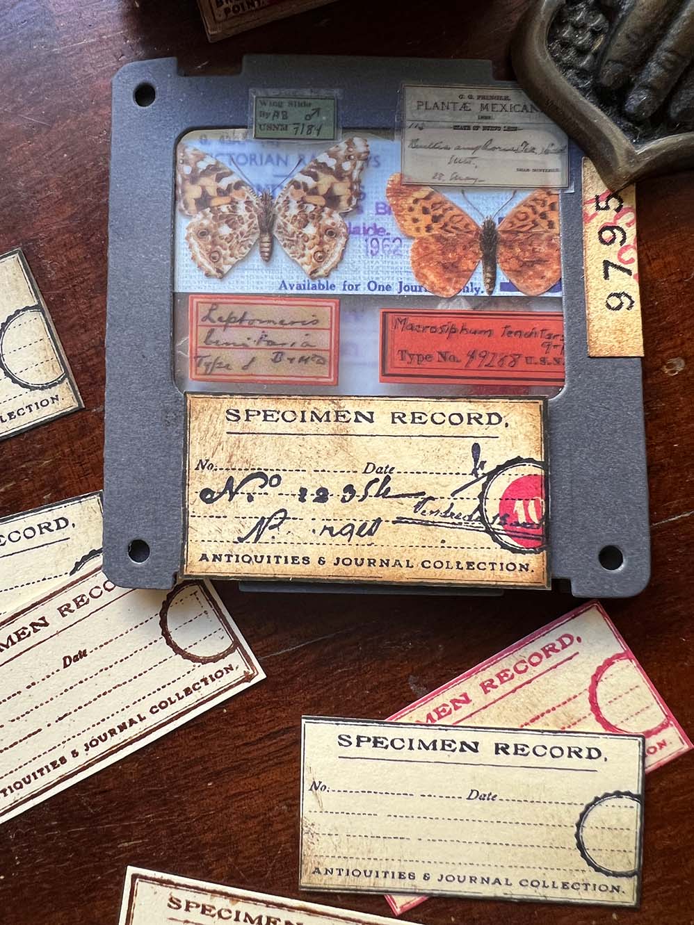 Ready Made Rubber Stamp - Vintage Travel Wooden Rubber Stamp Set - Flower, Stamp, Manuscript, Bill, Ticket, Specimen